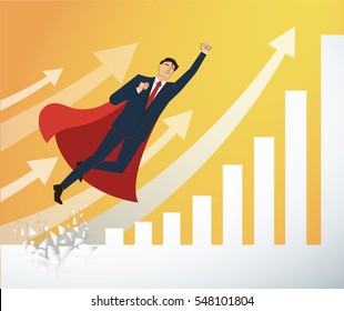 businessman and red cape Breaking the wall to Successful vector. Business concept illustration.    