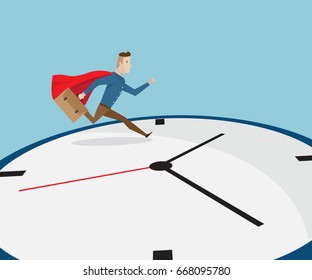 businessman with red cape running on clock, time management concept cartoon vector illustration