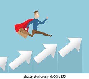 businessman in red cape running on arrow stairs to success, business vision concept cartoon vector illustration