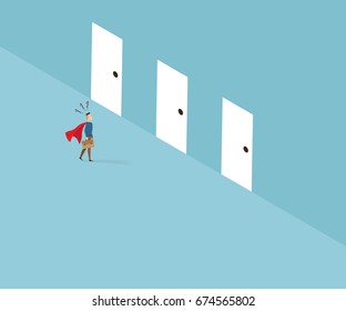 businessman with red cape standing and confused to select doors, business leader concept cartoon vector illustration