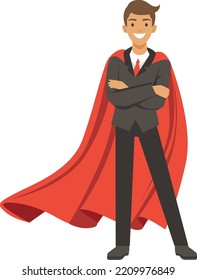 Businessman in red cape. Superhero corporate worker character