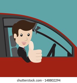 Businessman in a red car and thumbs up. Vector illustration