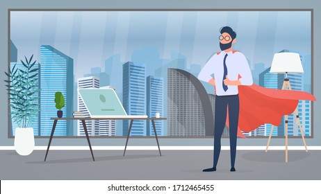 Businessman with a red cloak. The boss is in his office. The concept of a leader, superhero. Entrepreneur shows a class. Vector.