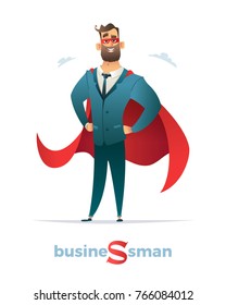 Businessman In Red Cloak Or Cape And Eye Mask, Standing In A Superhero Pose