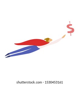 Businessman in the red cloak fly to the success. Happy hero, super manager. Vector illustration in cartoon style