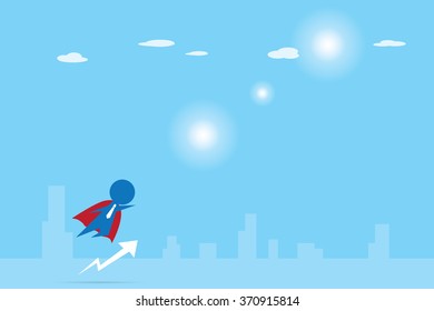 businessman with red cloak flying into the sky, leadership and businessman concept