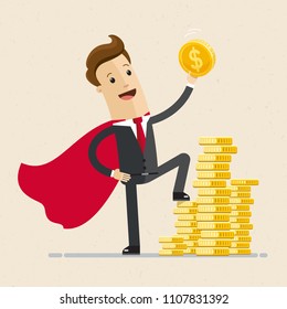 Businessman in a red cloak holding golden coin. Superhero of business.