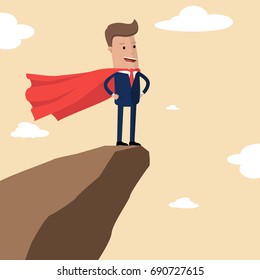 Businessman with a red cloak on top of the mountain. Success concept vector illustration