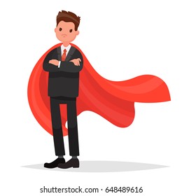 Businessman in a red cloak. Superhero of business. Vector illustration in a flat style