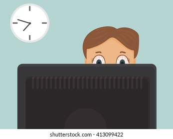 Businessman with red eyes, hard working overtime at the office. Vector cartoon illustration.