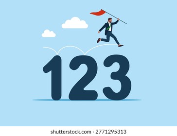 Businessman with red flag jumping on guideline number from 1 to 3. Business manual, instruction or guideline. Flat vector illustration