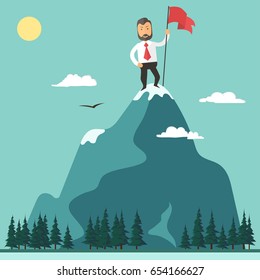 Businessman with red flag on a Mountain peak, success and mission, target and victory, motivation, winner on top. Flat style motivation vector illustration