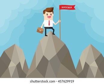 businessman with red flag on top of big mountain. the price of success is hard work
