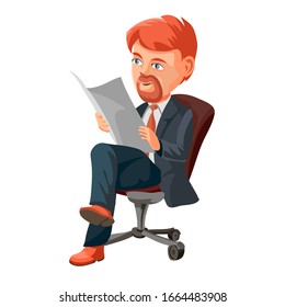 Businessman with red hair and beard reading newspaper. Man sitting on a chair. Cartoon character vector illustration, isolated on white background