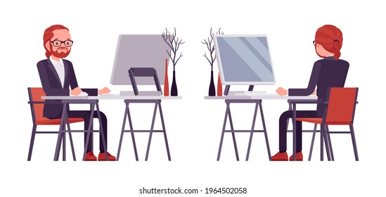 Businessman, red haired office worker sitting working with computer. Manager in smart formal wear, administrative person, employee. Vector flat style cartoon illustration isolated, white background