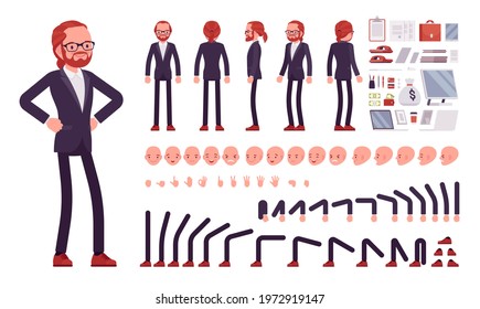 Businessman, red haired office worker construction set. Manager, administrative person, corporate employee dress code and objects. Vector illustration, different emotions