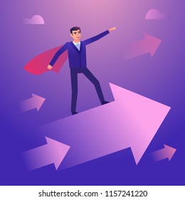 Businessman with red hero cloak standing on growth arrow. Successful business management, leader, boss. Colorful style vector illustration