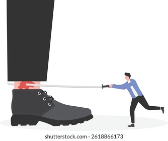 Businessman in red suit fights huge feet to help his companion escape danger

