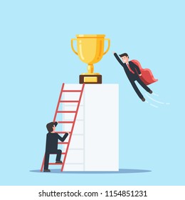 Businessman in a red superhero cloak flies past a man climbing the stairs to the Cup winner. Banner business competition concept. Vector illustration in trendy flat design style