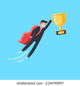 Businessman in a red superhero cloak is flying and holding the winner Cup. Business superhero. Success concept banner. Vector illustration in trendy flat style design