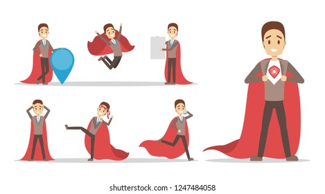 Businessman with red superhero cloak set. Man with a power and motivation in different poses. Idea of leadership. Flat vector illustration