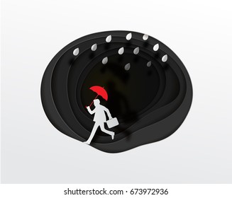 businessman with red umbrella in the rain  vector paper art cute illustration paper cut