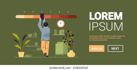 businessman reducing stress level business man struggling with arrow of crisis measure office interior horizontal
