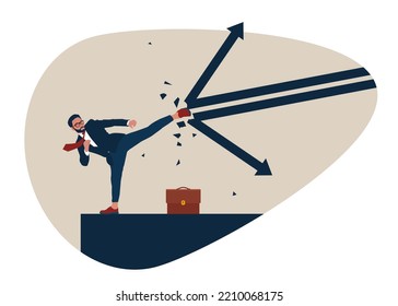 Businessman reflecting a falling arrow graph to protect the economic crisis of a business. Showing leadership, power. Flat vector illustration.