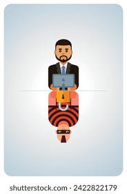 Businessman Reflecting on Success and Challenges Concept, Scam, Robbery, Fraud, Business Illustration, Corporate Illustration, Minimal Illustration, Upside Down Art, Illusion Art, Gimmick