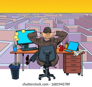 A businessman reflects on a difficult task. Maze. Pop art retro vector illustration kitsch vintage 50s 60s style