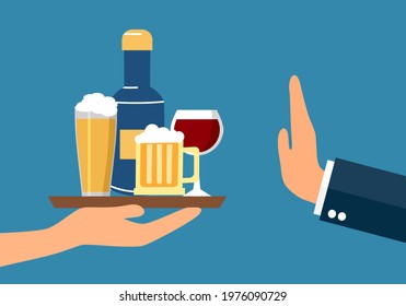 Businessman refused drinking alcohol offered by waiter in flat design.  Stop drinking beer for good health.