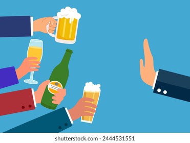 Businessman refused drinking alcohol offered by his colleagues in flat design. Stop drinking beer for good health.