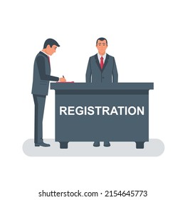 The businessman is registered. A person stands behind a persistent registration. Template for web design and printing. Vector illustration flat design. Isolated on white background.