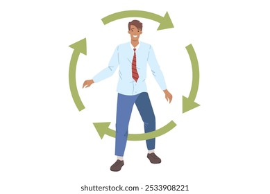 Businessman, rehabilitated after bankruptcy, steps through circle of green arrows. Successful male office employee rehabilitated and reborn after being fired and emptying bank accounts