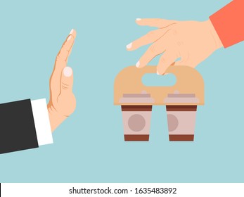 Businessman Reject Coffee Vector Illustration. Hand Offers Coffee To Business Man Refuse. Stop Caffeine Addiction
