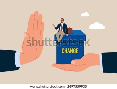 Businessman rejected change cube box. Fear of change, reluctance to leave comfort. Flat vector illustration