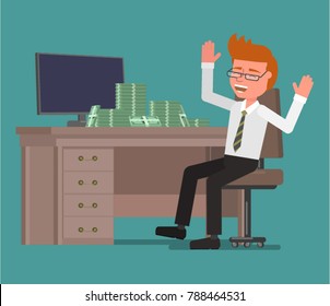 A businessman rejoices in a big profit. Vector illustration. Flat design style.