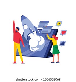 Businessman rejoices in launching new project. Teamwork, startup and e-commerce. Digital marketing promotion, online business and social media. Taking off rocket on tablet screen. Vector illustration