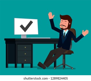 Businessman rejoices in the successful execution of the task. Vector illustration, flat design drawing.