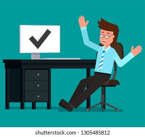 Businessman rejoices in the successful execution of the task. Vector illustration, flat design drawing.