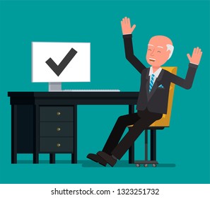 Businessman rejoices in the successful execution of the task. Vector illustration, flat design drawing.