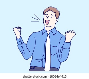 Businessman rejoicing for his success. Concept of success. Hand drawn in thin line style, vector illustrations.