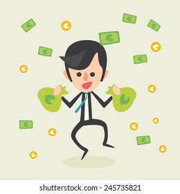 Businessman rejoicing for his success with euros flying in the air