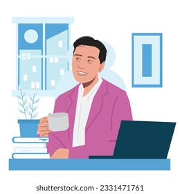 businessman relax after work drinking tea in flat illustration