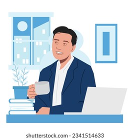 businessman relax after work drinking tea in flat illustration