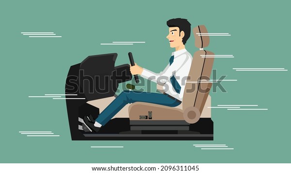 Businessman in relax\
business suit Concept driving inside car. Sit in the seat and hold\
the steering wheel. Line of driving speed. Isolated vector\
illustration on dark\
background.