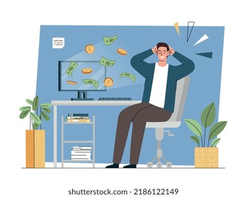 Businessman relax in office. Smiling man sitting on chair, relaxing and having lunch break. Passive income and financial literacy, entrepreneur profits from project. Cartoon flat vector illustration