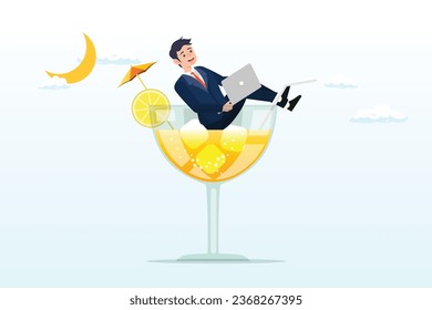 Businessman relax working remotely with computer laptop in cocktail glass at night, work anywhere anytime, hybrid work or flexible hour for employee choice to choose where and when to work (Vector)