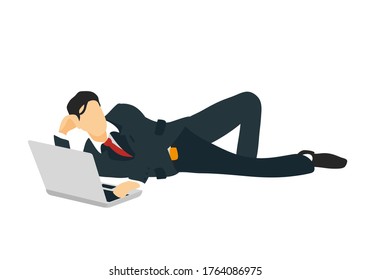 businessman relaxed and lying on the floor with laptop in his hands on new technology for business, finance, investment and connectivity. Standing and full-length