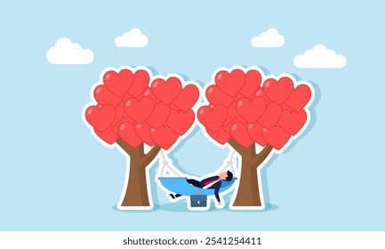 A businessman relaxes in a hammock tied to two heart-shaped trees, illustration of enjoying business performance with lovable products